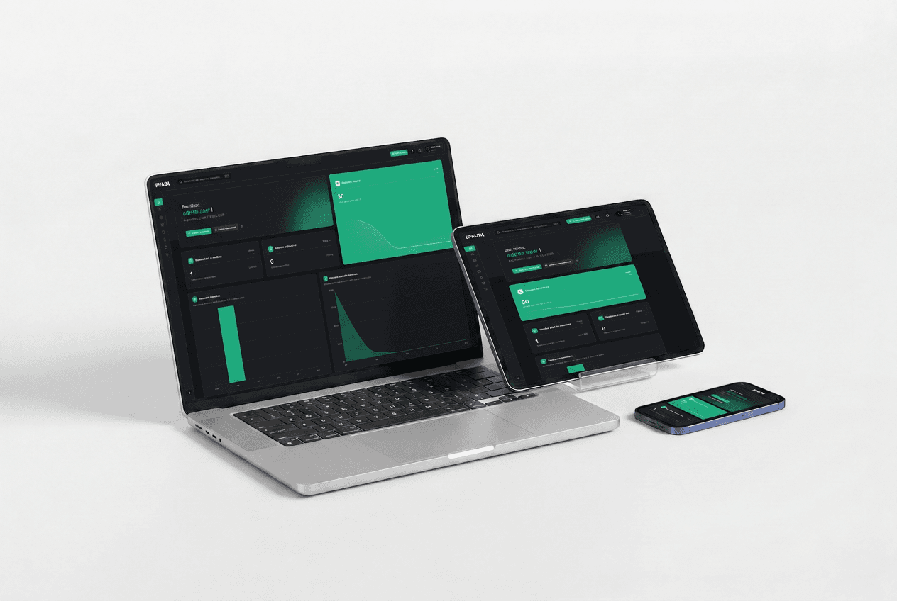 A Phiro dashboard running on a laptop, tablet and phone